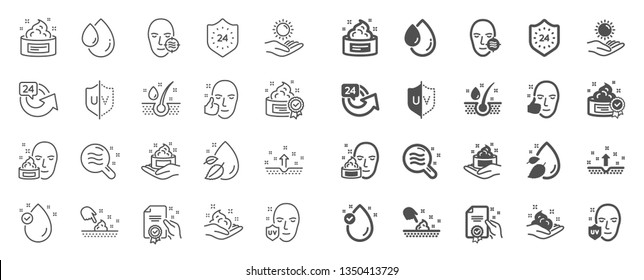 Skin care cosmetic line icons. Cream, Serum drop and Face gel or lotion icons. Uv protection. Oil, Vitamin E and Collagen symbols. 24 hour face care cream protection. Medical skin cosmetic. Vector