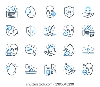 Skin care cosmetic line icons. Cream, Serum drop and Face gel or lotion icons. Uv protection. Oil, Vitamin E and Collagen symbols. 24 hour face care cream protection. Medical skin cosmetic. Vector