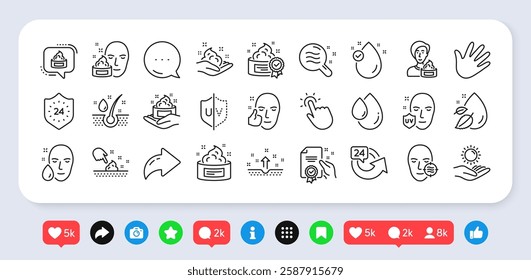 Skin care cosmetic line icons. Social media: share, comment, like icons. Serum drop, Cream and Face gel or lotion icons. Uv protection. Oil, Vitamin E and Collagen symbols. Vector