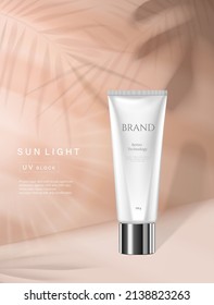 Skin care and Cosmetic product ads. sun light cream ads template. Peach gradient cosmetics spray and white sun protect tubes with shadow of tropical palm leaf. Realistic 3d style. Vector illustration.
