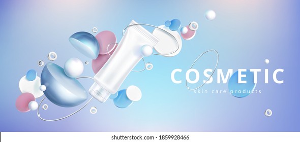 Skin care cosmetic product with holographic 3d geometric shapes, circles and silver rings. Vector brand poster with face cream or gel in blank white tube. Promo banner, advertising background