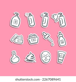 Skin care cosmetic product line stickers icons set. Moisturizing cream, anti age lifting face mask, spf whitening gel vector illustrations. 