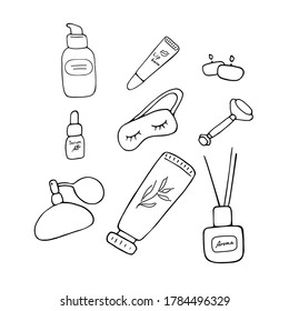 Skin care. Cosmetic products and accessories. Beauty icons for digital and print. Cute hand drawn vector graphic