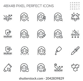 Skin care, Cosmetic Products, Cream, Serum. Moisturizing and Healthy Skin. Simple Vector Line Icons. Editable Stroke. 48x48 Pixel Perfect.