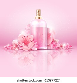 Skin care cosmetic vector concept. cosmetic with vitamin and collagen in bottle and sakura flowers. Cosmetic natural skincare, illustration of collagen cosmetic treatment