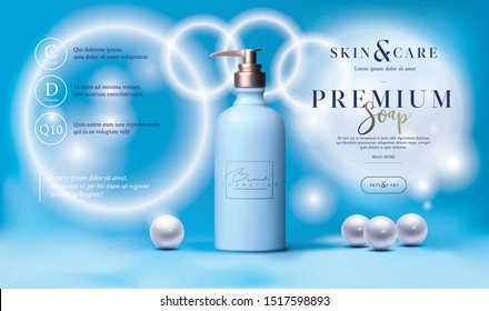 Skin care cosmetics body lotion, washing gel or cleancer in white bottle with pump. Liquid soap packaging vector poster, flyer, or web banner. Mock-up promo banner. Soap tube packaging promo design.