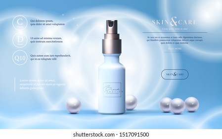 Skin care cosmetics body spray, lotion, washing gel or cleancer in white bottle with pump. Spray packaging vector poster, flyer, or web banner. Mock-up promo banner. Spray tube packaging promo design