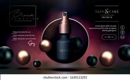 Skin care cosmetics body spray, lotion, washing gel or cleancer in white bottle with pump. Spray packaging vector poster, flyer, or web banner. Mock-up promo banner. Spray tube packaging promo design