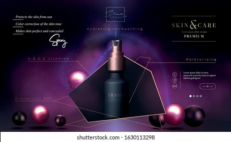 Skin care cosmetics body spray, lotion, washing gel or cleancer in white bottle with pump. Spray packaging vector poster, flyer, or web banner. Mock-up promo banner. Spray tube packaging promo design