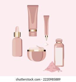 Skin care cosmetics bottles and tubes,vector illustration for 
 different facial products. spf, enzyme powder, cream, mask, retinol. 