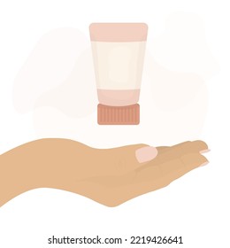 Skin care and cosmetics concept. Hand holds tube of cleansing foam, gel, water, oil. Trendy flat style. Vector illustration. 