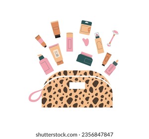 Skin Care, cosmetics, makeup pouch illustration, skincare routine. Cream, lotion, mask, eye cream and sunscreen bottles. Vector design