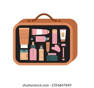 Skin Care, cosmetics, makeup pouch illustration, skincare routine. Cream, lotion, mask, eye cream and sunscreen bottles. Vector design