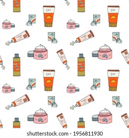 Hautpflegekosmetik nahtlose Muster. Maske, Spieß, Creme, Toner in hellen Farben. Endlose Textur für die Schönheitssphäre