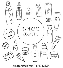 Skin care cosmetics set. Beauty products for daily routine. Cute hand drawn cosmetics packaging. Vector illustration