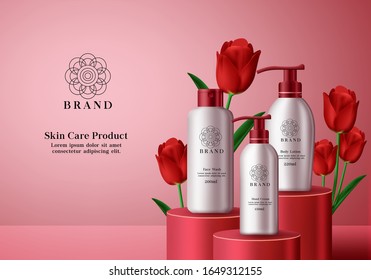 Skin Care Cosmetics Vector Banner Template. Cosmetic Products Skin Care Bottles Of Body Lotion, Facial Wash And Cream Elements In Elegant Packaging With Red Tulip Flower Background Design.