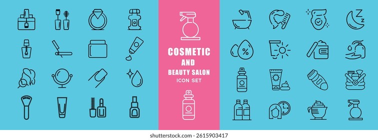Skin care cosmetology beauty treatment and hygiene minimalist line icon set vector illustration. Dermatology spa hydration anti aging facial mask cleansing cream injection SPF protection woman face
