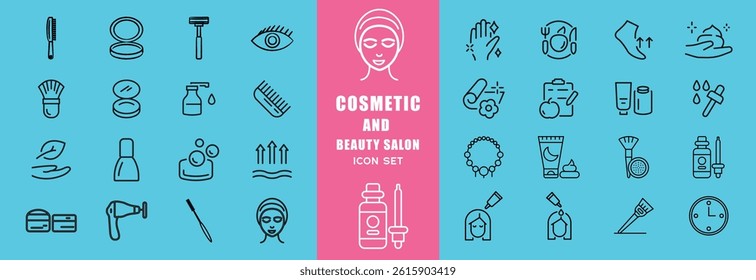 Skin care cosmetology beauty treatment and hygiene minimalist line icon set vector illustration. Dermatology spa hydration anti aging facial mask cleansing cream injection SPF protection woman face