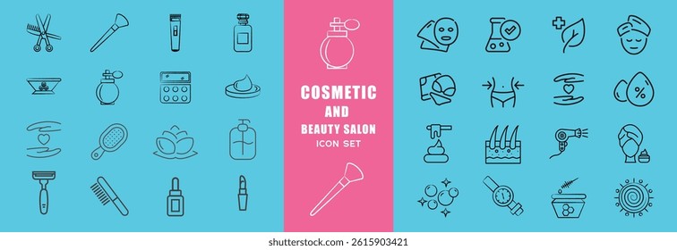 Skin care cosmetology beauty treatment and hygiene minimalist line icon set vector illustration. Dermatology spa hydration anti aging facial mask cleansing cream injection SPF protection woman face