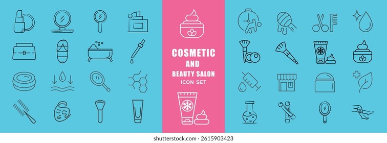 Skin care cosmetology beauty treatment and hygiene minimalist line icon set vector illustration. Dermatology spa hydration anti aging facial mask cleansing cream injection SPF protection woman face