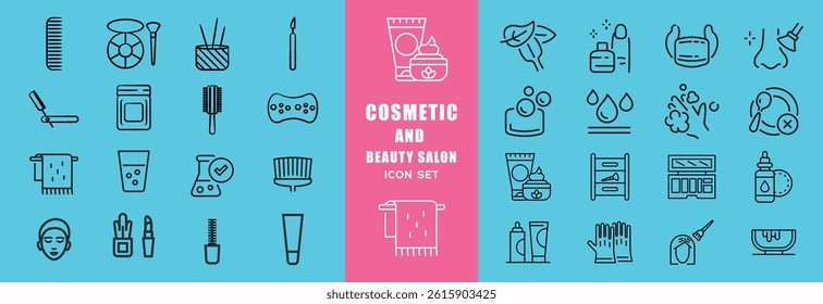 Skin care cosmetology beauty treatment and hygiene minimalist line icon set vector illustration. Dermatology spa hydration anti aging facial mask cleansing cream injection SPF protection woman face