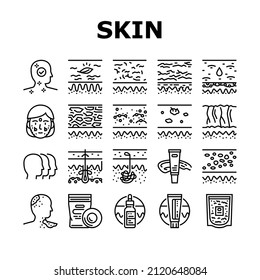 Skin Care Cosmetology And Treat Icons Set Vector. Allergy And Normal Skin Moisturizing With Cream And Patch Cosmetic Accessories Line. Colloidal Oatmeal And Sebum Black Contour Illustrations