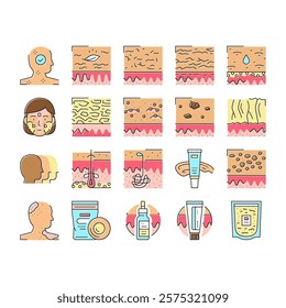 Skin Care Cosmetology And Treat Icons Set Vector. Allergy And Normal Skin Moisturizing With Cream And Patch Cosmetic Accessories Line. Colloidal Oatmeal And Sebum Color Illustrations