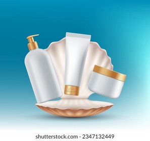 Skin care cream and cosmetics packaging templates. Mockups in a seashell. Vector illustration
