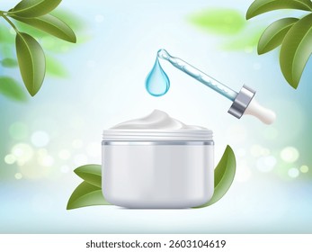 Skin care cream cosmetics packaging mockup with green leaves around. Vector illustration