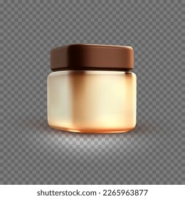 Crema de cuidado de la piel en envase. Plantilla vacía de contenedor en blanco con tapa marrón. Ilustración vectorial 3d, concepto cosmético.