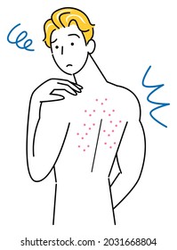Skin Care. A cute guy who is sad because he has pimples on his back (acne). Simple illustration. vector.