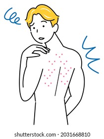 Skin Care. A cute guy who is sad because he has pimples on his back (acne). Simple illustration. vector.