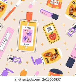 Skin care and decorative cosmetics seamless pattern. Trendy hand drawn flat style.