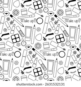 Skin care and decorative cosmetics seamless pattern. Vector graphic line illustration. Black and white cosmetic makeup art. Perfect for cards, decorations, stickers, logo, menu, various designs.