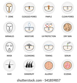 Skin care   diseases icons set