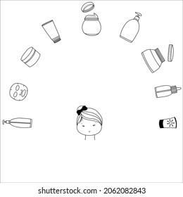 skin care doodle. Beauty set. Skin care and beauty signs, spa salon and self-care icons.