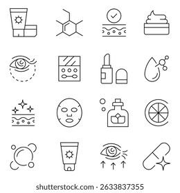 Ícones de contorno de traçado editáveis do Skin Care. Contendo máscara facial, frasco de soro, conta-gotas, tubo de protetor solar, creme de noite, cosméticos, beleza, cuidados com a pele, maquiagem, perfume, fragrância e muito mais. Ilustração vetorial.