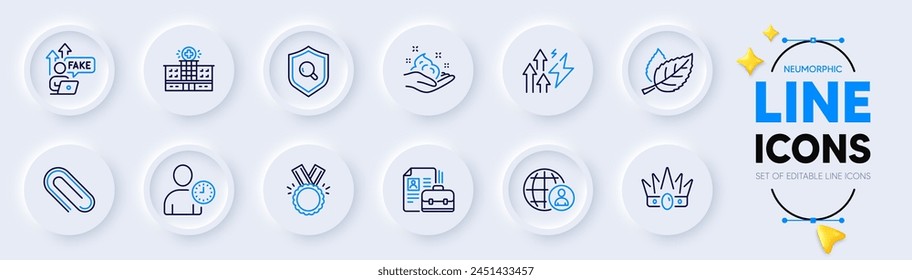 Cuidado de la piel, Inflación de energía e iconos de línea de vacantes para App de Web. Pack de iconos de pictogramas de gestión del tiempo, Corona, edificio del hospital. Honor, Hoja, Inspeccionad las señales. Internet falso. Botones neumórficos. Vector