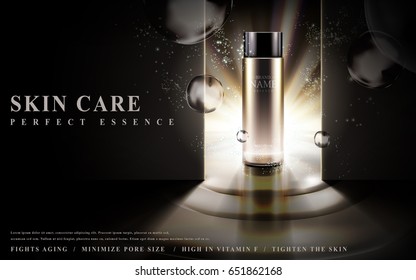 skin care essence contained in glass bottle, lighted in dark background, 3d illustration