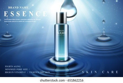 skin care essence contained in glass bottle with water ripples, blue lighted background 3d illustration