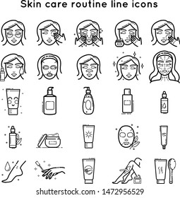 Skin care face and body. Stages of care or  instructions for beauty product. Vector line cosmetics set icons.