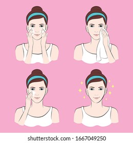 Skin care face cleanse beauty girl. vector illustration isolated cartoon