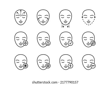 Cuidado de la piel de la cara, conjunto de iconos de línea. Procedimiento estético de belleza en mejilla, mentón, frente y cuello. Levantando a través de la hidratación, anti edad, crema de esff. Cosmética facial. Ilustración de la señal del contorno del vector