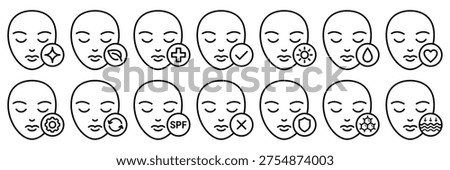 Skin care face line icon set. Beauty woman girl face facial clean, wash, medical, anti aging, wrinkle, moisturizer, spf, cream, repair, restore, collagen, protection, eco friendly icons vector.