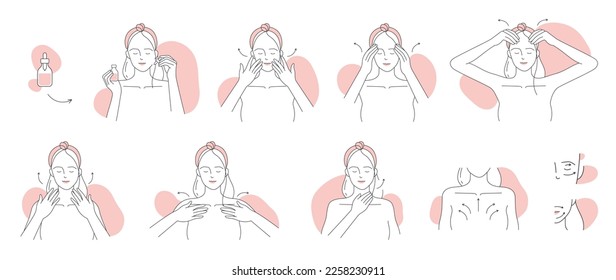 El cuidado de la piel de los iconos de línea de pasos faciales establece la ilustración vectorial. Niñas con delineación de mano en toallas masajean la piel facial con suero, personajes femeninos usando un producto de belleza cosmético en botella con pipeta