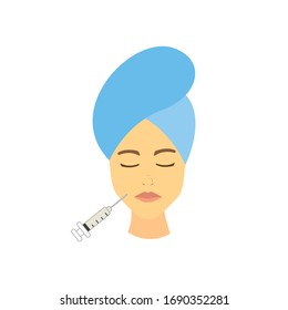 Skin care, facial injection, anti-aging procedure, syringe and face vector icon