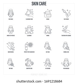 Skin Care: Facial Mask, Cleansing Foam, Face Serum, Moisturizer, Under Eye Patches, Toning, Skin Treatment, Spf, Facial Massage. Thin Line Icons Set. Vector Illustration.