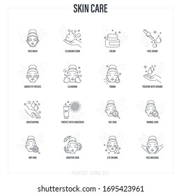 Skin care: facial mask, cleansing foam, face serum, moisturizer, under eye patches, toning, skin treatment, spf, facial massage. Thin line icons set. Vector illustration.