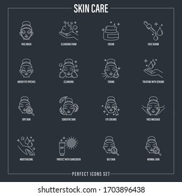 Skin care: facial mask, cleansing foam, face serum, moisturizer, under eye patches, toning, skin treatment, spf, facial massage. Thin line icons set. Vector illustration.