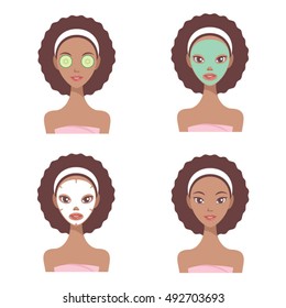 Skin care facial masks and beauty treatments flat vector illustrations